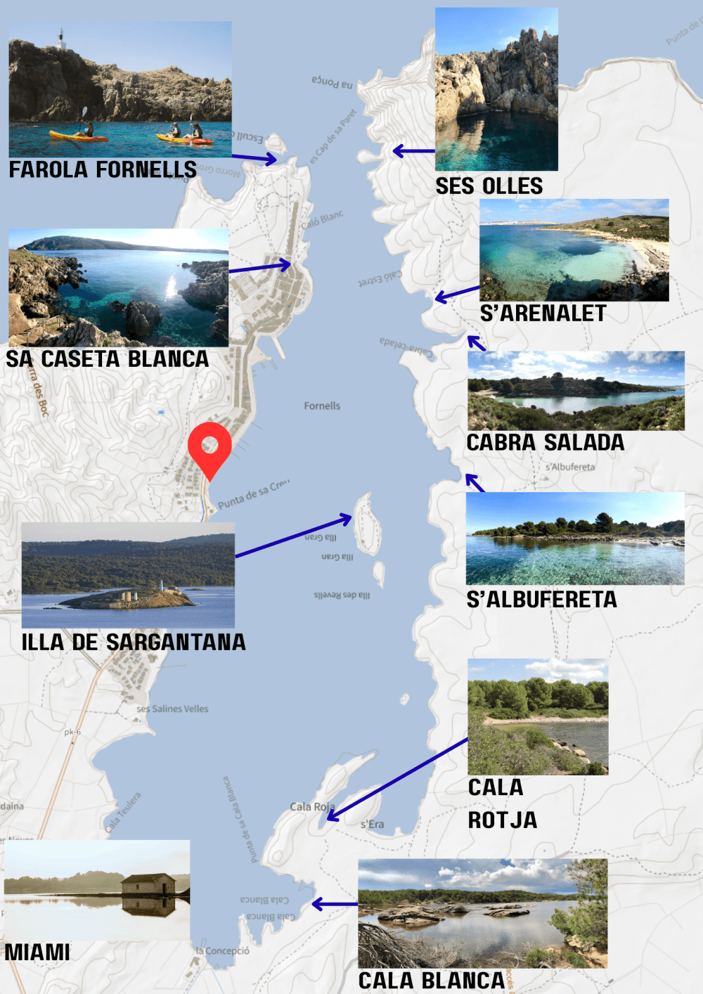 Map with labeled images of coastal locations around Fornells, including beaches and landmarks.